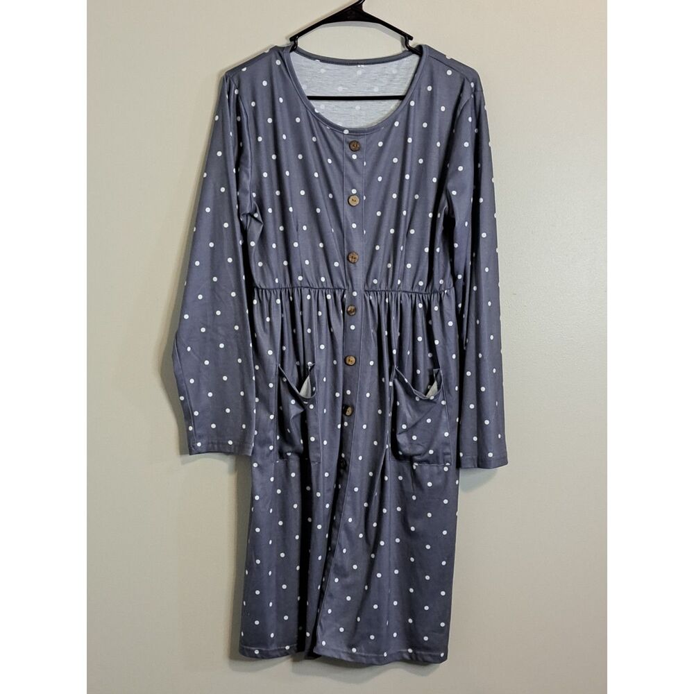 Purple Polka Dot Button Front Midi Dress Large Long Sleeve Pockets Cottagecore